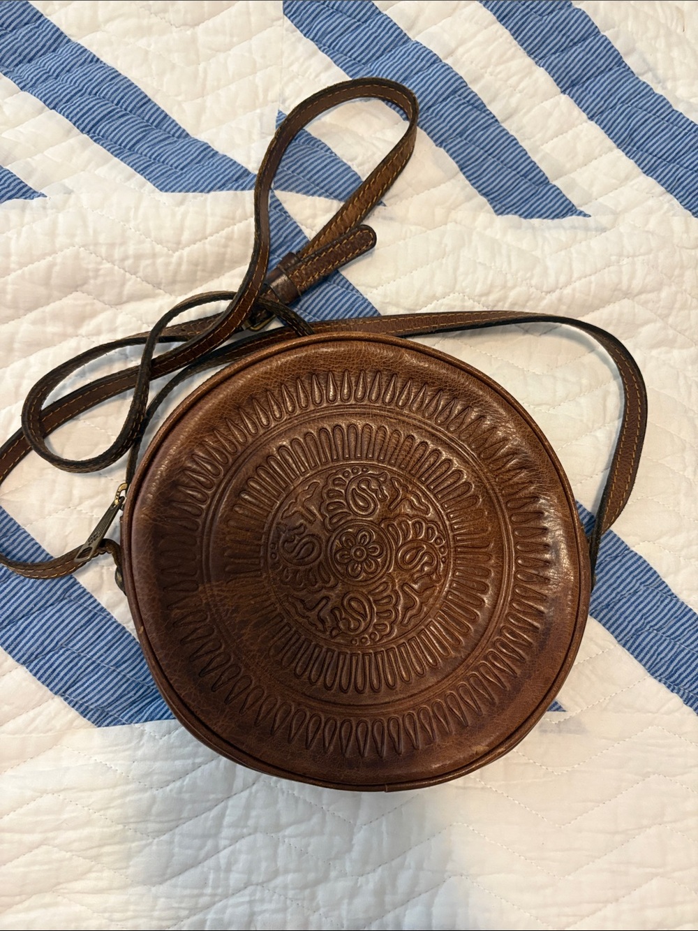 Patricia Nash Brown Embossed Leather Round Crossbody